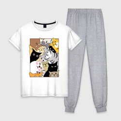 Женская пижама с белой футболкой хлопок Котики шпионы