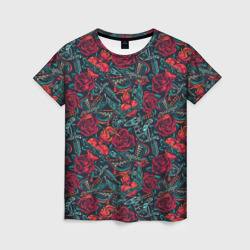Женская футболка 3D Тату узор розы и машинки