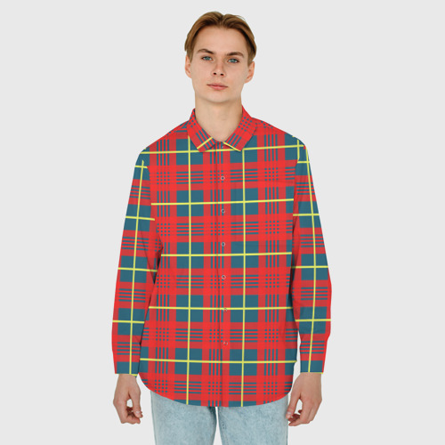 Мужская рубашка oversize 3D с принтом Клетка красная, фото на моделе #1