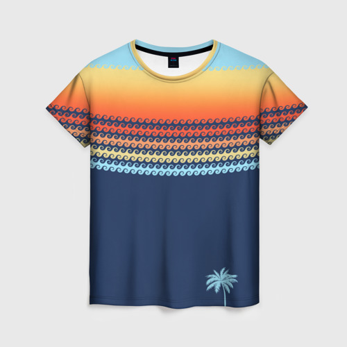 Женская футболка с принтом Летние волны и пальма, вид спереди №1
