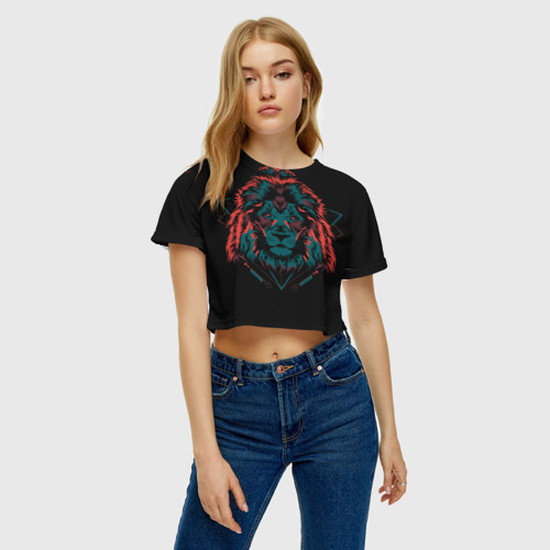 Женская футболка Crop-top 3D Лев на закате, цвет 3D печать - фото 3