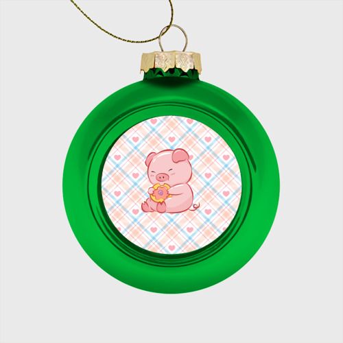 Стеклянный ёлочный шар Свинка ест пончик, цвет зеленый