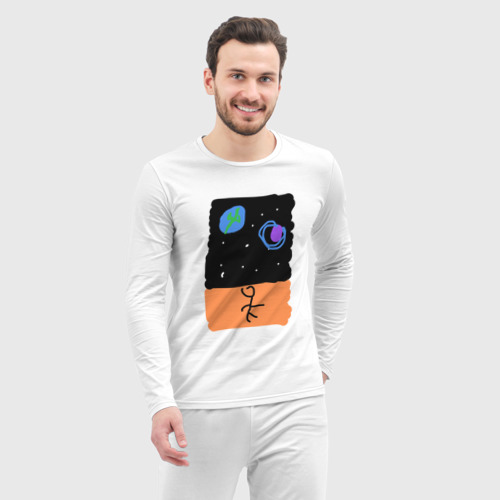 Мужская пижама с лонгсливом хлопок Космический пляж, цвет белый - фото 5