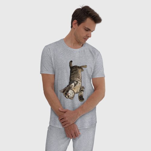 Мужская пижама хлопок с принтом Кот развалился на спине, фото на моделе #1