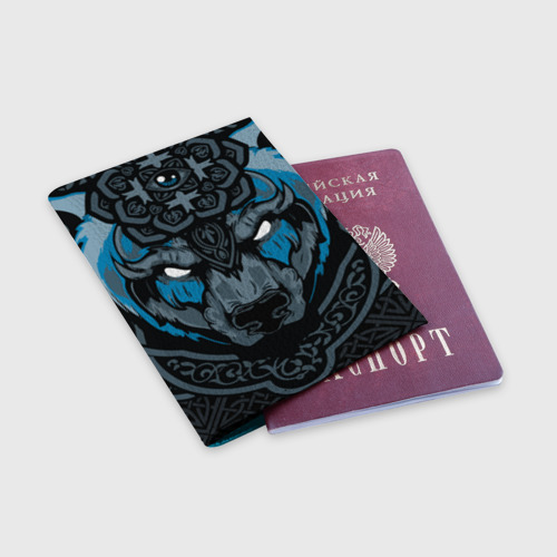 Обложка для паспорта матовая кожа Дикий медведь с узорами славянский, цвет голубой - фото 3