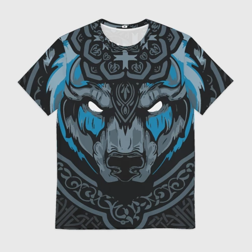 Мужская футболка 3D с принтом Дикий медведь с узорами славянский, вид спереди #2