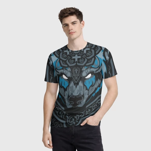 Мужская футболка 3D с принтом Дикий медведь с узорами славянский, фото на моделе #1