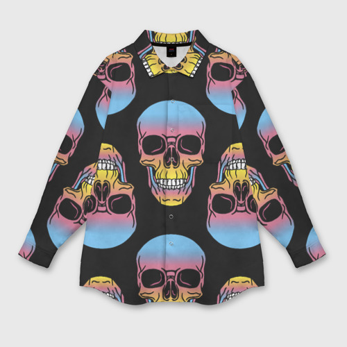 Женская рубашка oversize 3D с принтом Neon skulls - pattern, вид спереди #2