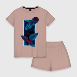 Женская пижама с шортиками хлопок Неновые листья цветов