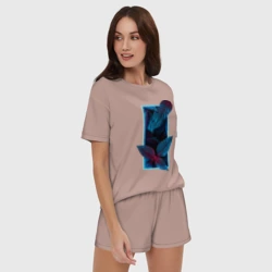 Женская пижама с шортиками хлопок Неновые листья цветов - фото 2