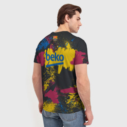 Футболка с принтом FC Barcelona La Liga pre-match shirt 2021 для женщины, вид на модели сзади №2. Цвет основы: белый