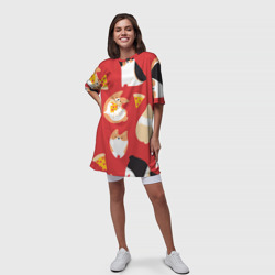 Платье с принтом Корги и пицца для женщины, вид на модели спереди №3. Цвет основы: белый