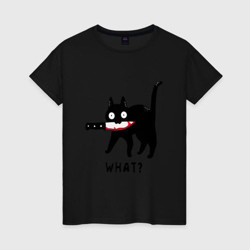 Женская футболка хлопок с принтом WHAT & CAT, вид спереди #2