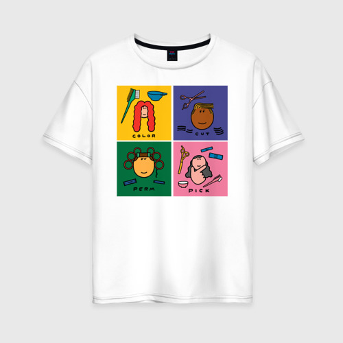 Женская футболка из хлопка оверсайз с принтом Укладка, стрижка, покраска, вид спереди №1