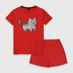 Женская пижама с шортиками хлопок Мама кошка с котенком