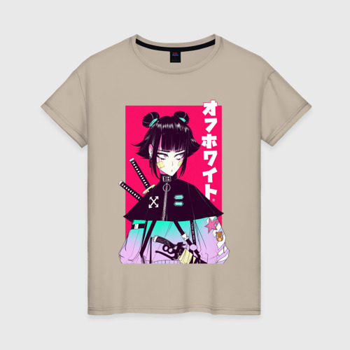 Женская футболка хлопок Девушка самурай стильная, цвет миндальный