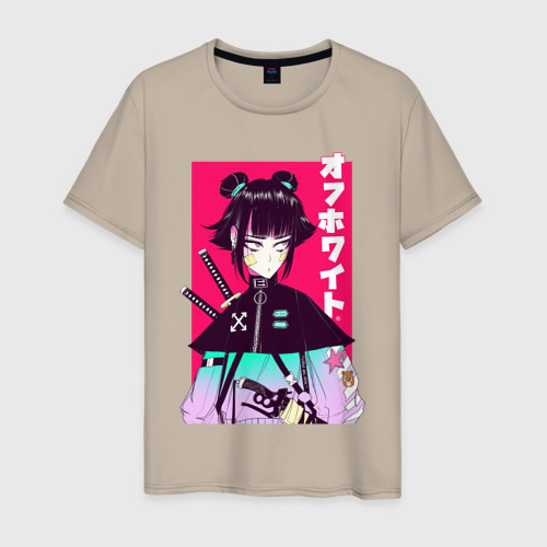 Мужская футболка хлопок Девушка самурай стильная, цвет миндальный
