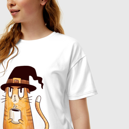 Женская футболка хлопок Oversize Сердитый котик с кофе - фото 3