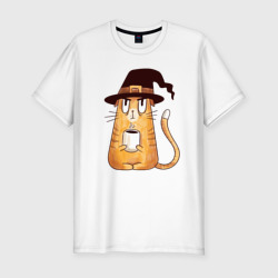 Мужская футболка хлопок Slim Сердитый котик с кофе