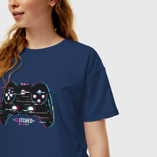 Женская футболка хлопок Oversize Glitch gamepad, цвет темно-синий - фото 3
