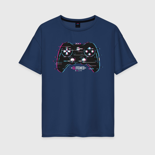 Женская футболка хлопок Oversize Glitch gamepad, цвет темно-синий