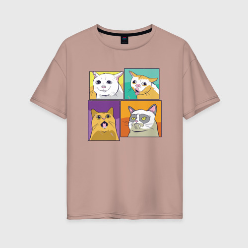 Женская футболка хлопок Oversize Коты мемы, цвет пыльно-розовый