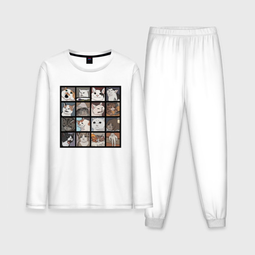 Мужская пижама из хлопка с лонгсливом с принтом Коты из мемов, вид спереди №1