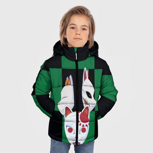 Зимняя куртка для мальчиков 3D с принтом Маски кицунэ Сабито - Клинок рассекающий демонов, фото на моделе #1