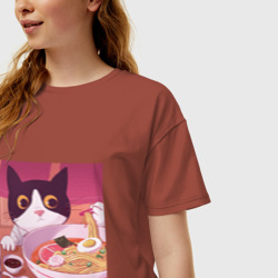 Женская футболка хлопок Oversize Кот и лапша - фото 2