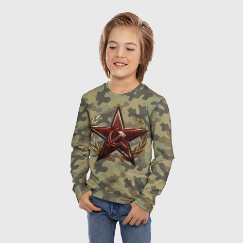 Детский лонгслив 3D с принтом Советская звезда, фото на моделе #1