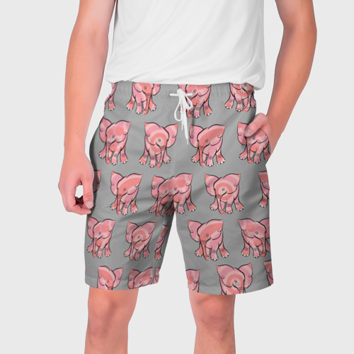 Мужские шорты с принтом Розовые слоники паттерн, вид спереди №1
