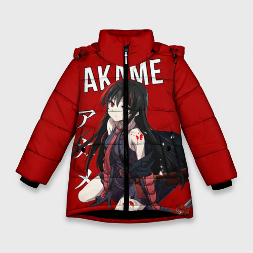 Зимняя куртка для девочек 3D с принтом Убийца Акаме на красном фоне, вид спереди #2