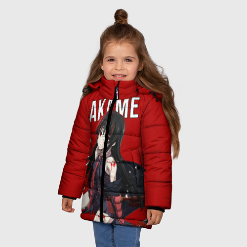 Зимняя куртка для девочек 3D с принтом Убийца Акаме на красном фоне, фото на моделе #1