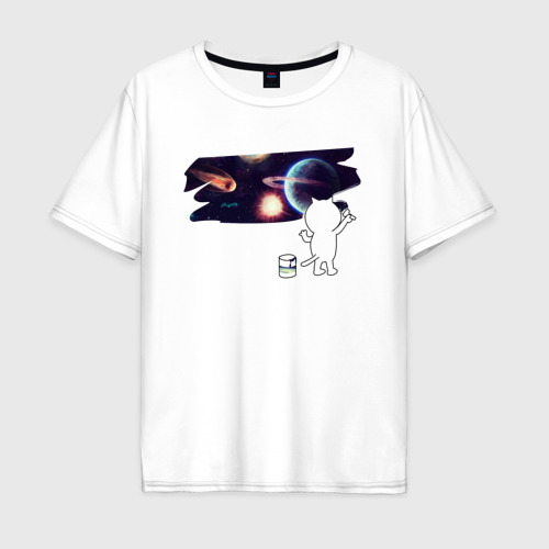 Мужская футболка хлопок Oversize с принтом Котик рисует космос, вид спереди #2