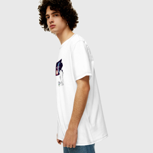 Мужская футболка хлопок Oversize с принтом Котик рисует космос, вид сбоку #3