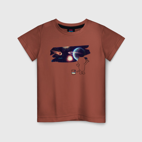 Детская футболка хлопок с принтом Котик рисует космос, вид спереди #2