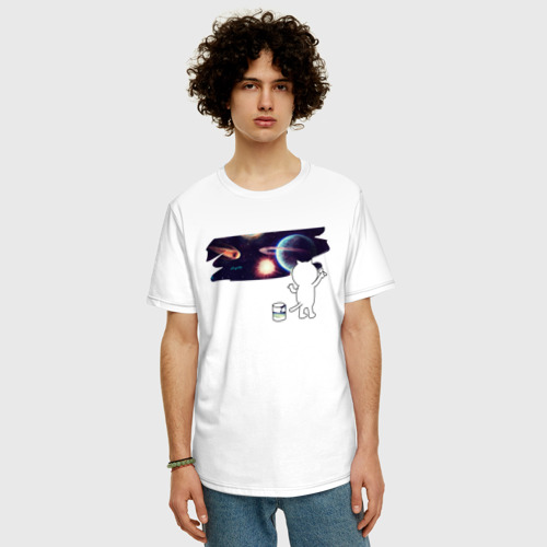 Мужская футболка хлопок Oversize с принтом Котик рисует космос, фото на моделе #1