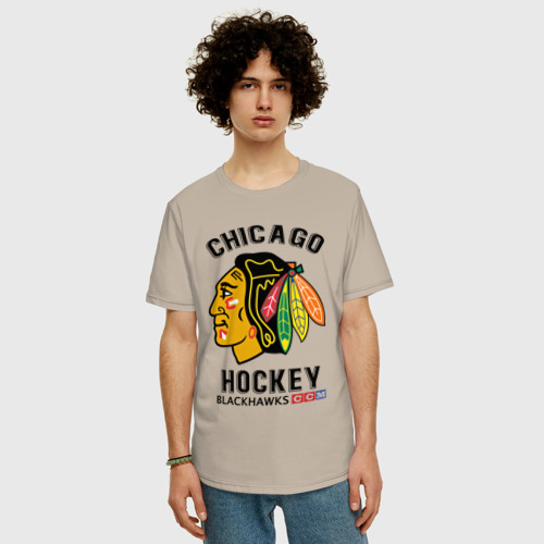 Мужская футболка хлопок Oversize с принтом Chicago Blackhawks NHL, фото на моделе #1