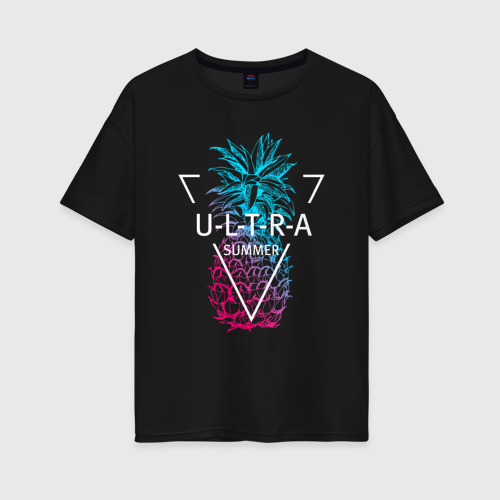 Женская футболка из хлопка оверсайз с принтом Ананас с надписью Ultra summer, вид спереди №1