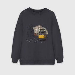 Женский свитшот oversize без начеса хлопок Белый и желтый поезд