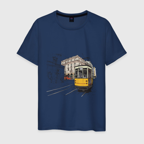 Мужская футболка хлопок Белый и желтый поезд, цвет темно-синий