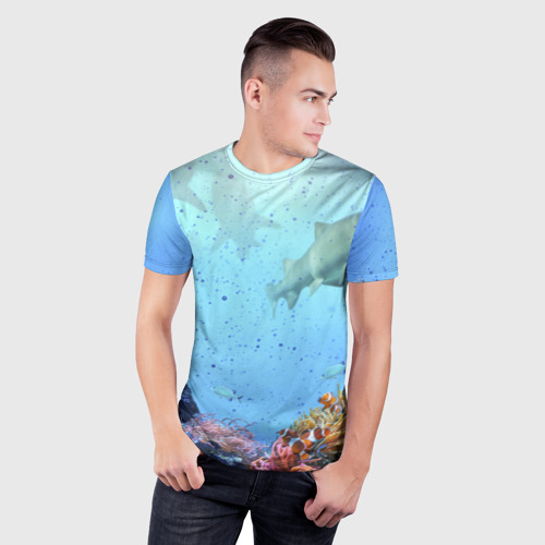 Мужская футболка 3D Slim с принтом Акулы, фото на моделе #1