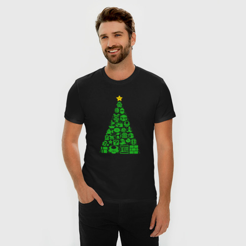 Мужская футболка хлопок Slim Новогодняя елка из Марио, цвет черный - фото 3