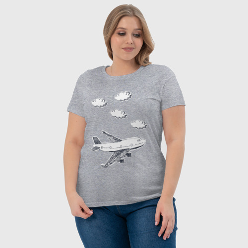 Женская футболка хлопок Самолет в облаках, цвет меланж - фото 6