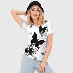 Женская футболка 3D Slim Черные бабочки на белом - фото 2