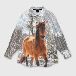 Женская рубашка oversize 3D Конь и снег