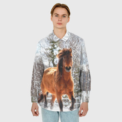 Мужская рубашка oversize 3D Конь и снег - фото 2