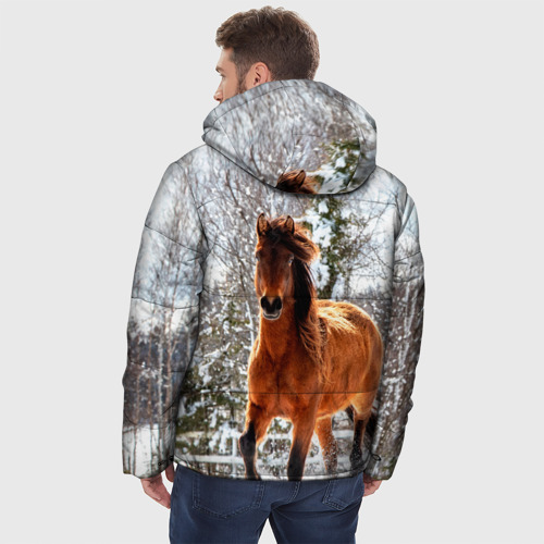 Мужская зимняя куртка 3D с принтом Конь и снег, вид сзади #2
