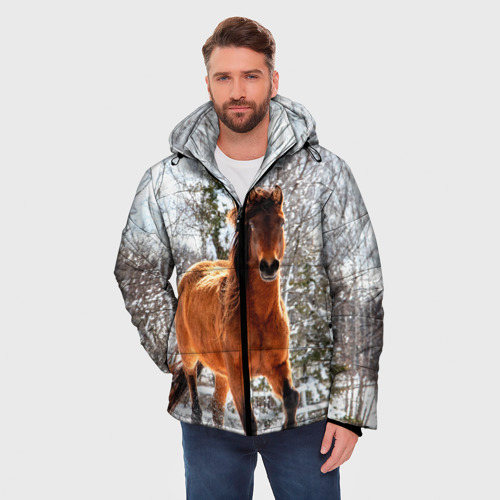 Мужская зимняя куртка 3D с принтом Конь и снег, фото на моделе #1