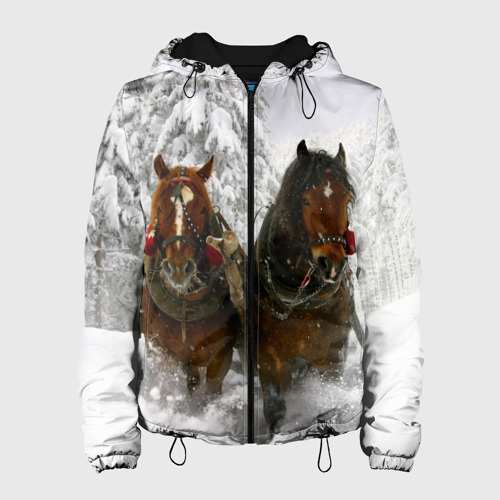 Женская куртка 3D с принтом Лошади и снег, вид спереди #2